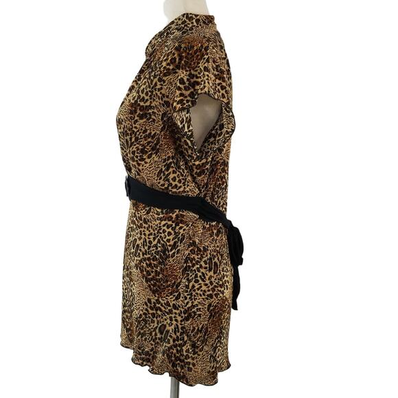 Brittany Brown Black Gold Animal Print Vintage Pleated Tunic Top Tie Waist M - Picture 2 of 4